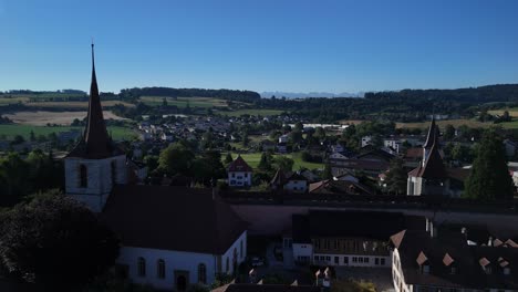 switzerland murten baroque townhouses medieval town aerial drone morat fribourg region