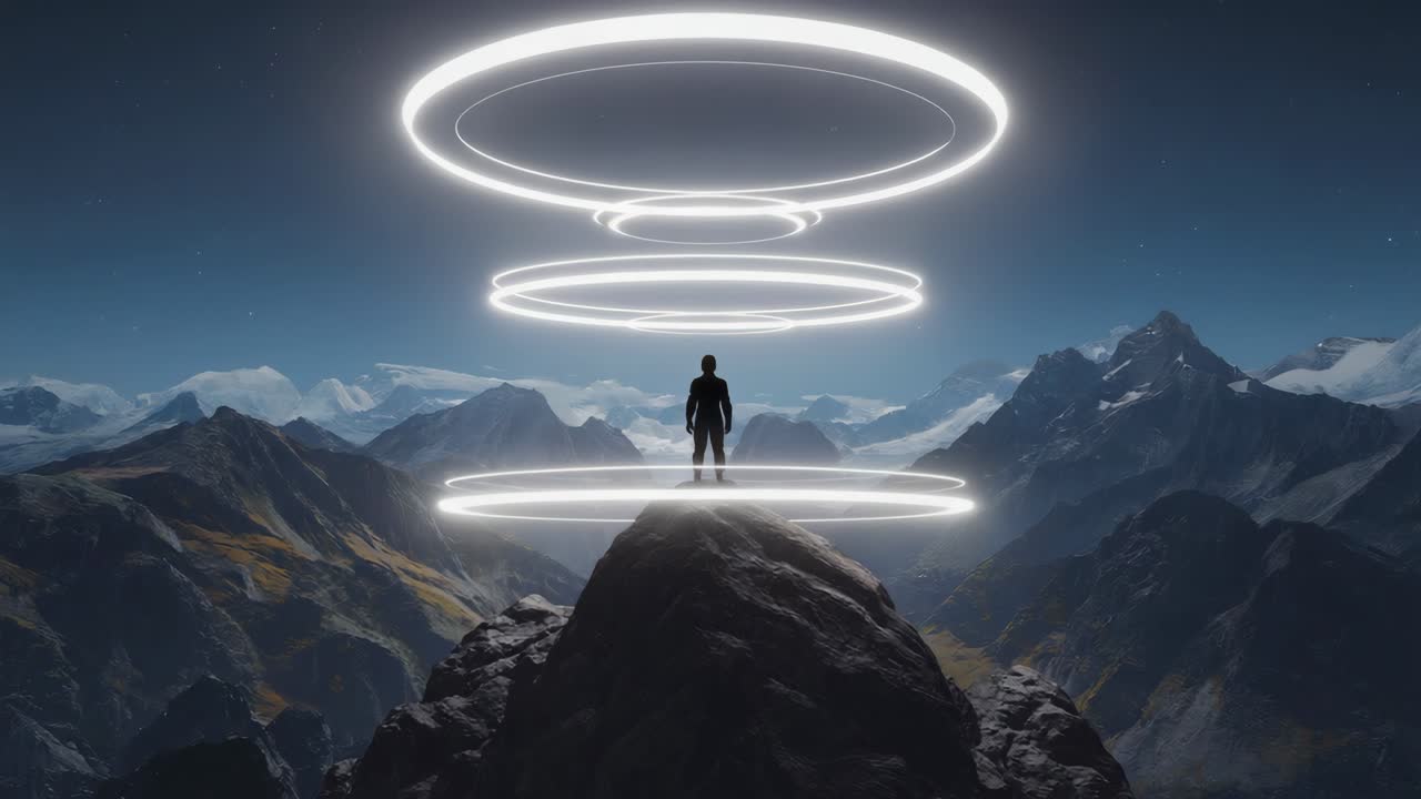 Lone Figure on Mountain Peak with Glowing Rings