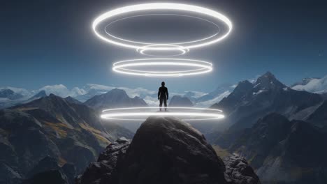 lone figure on mountain peak with glowing rings