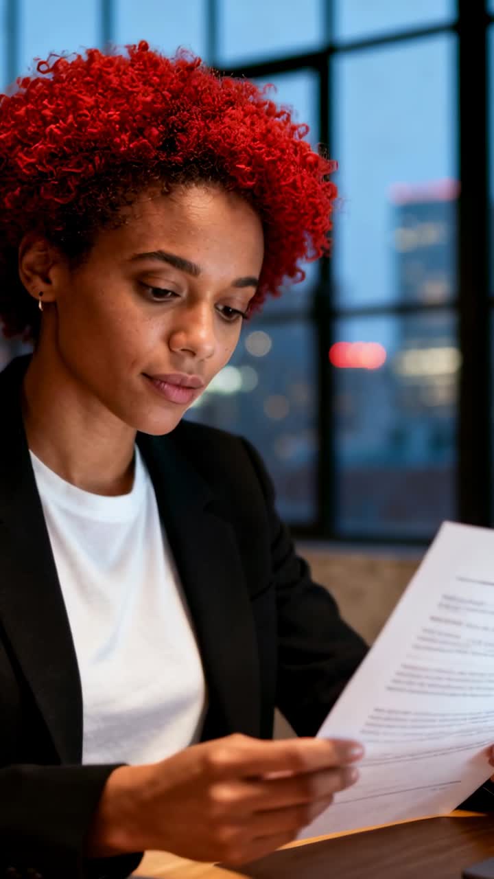 Video verticale: Donna in blazer nero che prende un rapporto e legge le pagine in ufficio per una revisione, con un laptop