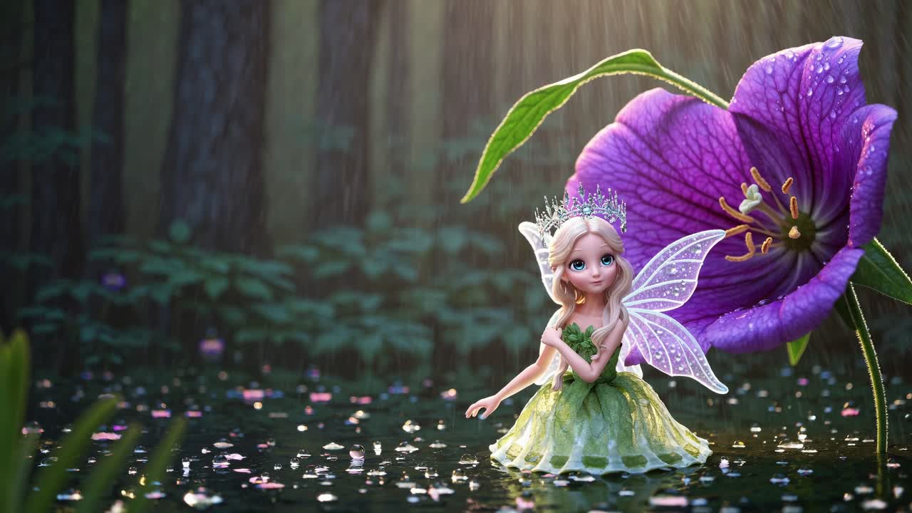 Beautiful fairy princess with diaphanous wings and a crown is sheltering from the rain under a giant purple flower in an enchanted forest, creating a magical and whimsical scene