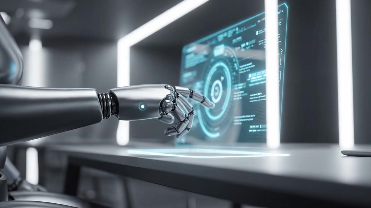 Mano robótica avanzada con una interfaz futurista, mostrando tecnología de vanguardia e interacción humano-computadora en un entorno elegante y moderno.