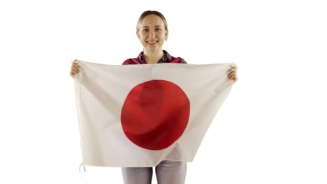 attractive woman holding a japanese flag on white background.