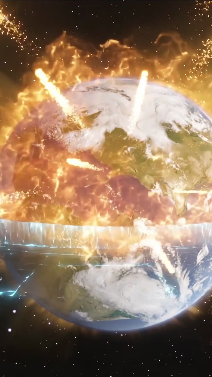 Vertical video: Incoming meteors striking Earth in orbit causing north blaze and forming blue band