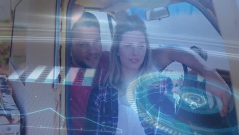 animación del procesamiento de datos digitales sobre dos personas caucásicas en el coche