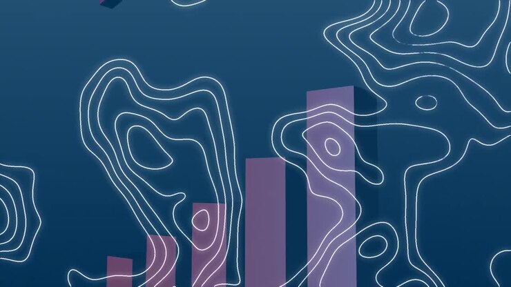 Animation of green loading bar and graph over isohypses on blue background