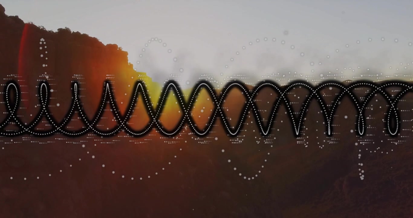 Audio waveform pulsing over canyon ridge then brightening with sunrise glow for audio visualization