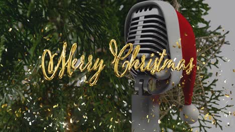animation of christmas greetings text over christmas tree and retro microphone with santa hat