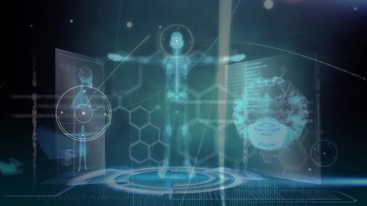 파란색 디지털 화면에 연결과 다양한 데이터의 애니메이션