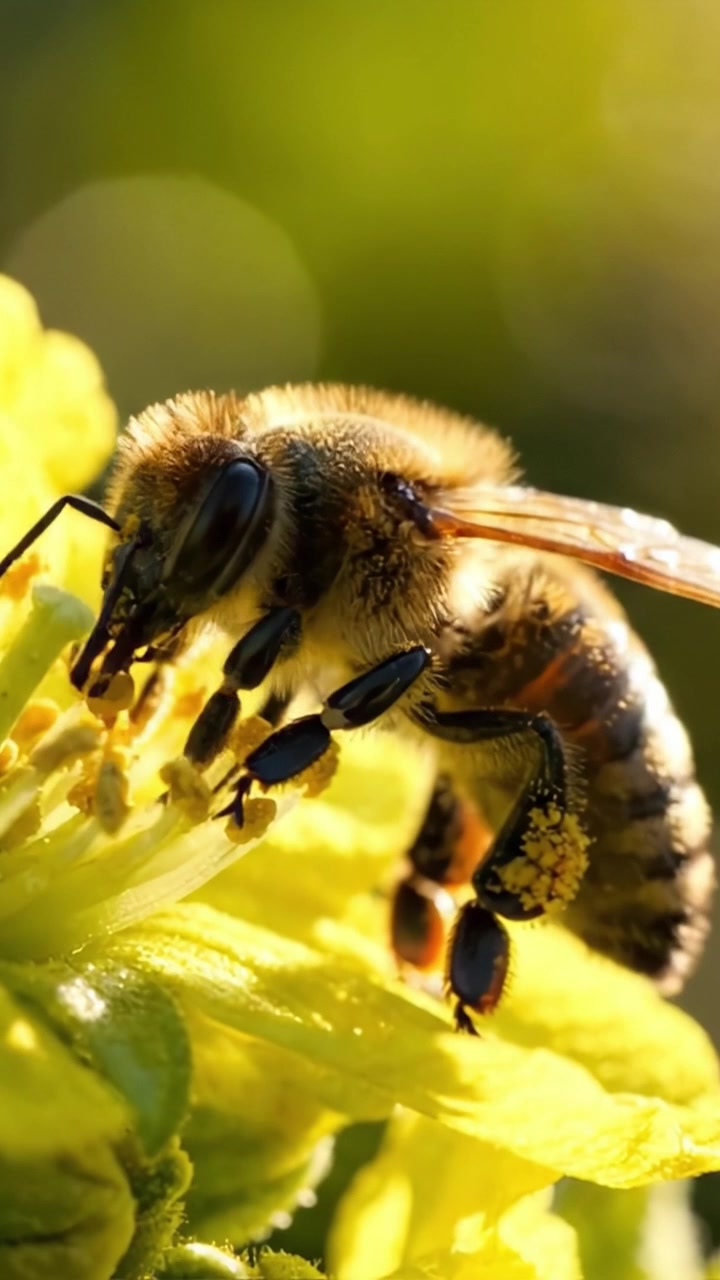 A Close-Up Encounter with Nature: A Beautiful Bee Pollinating a Vibrant Flower, Capturing the Intricate Details of Its Body and the Colorful Pollen