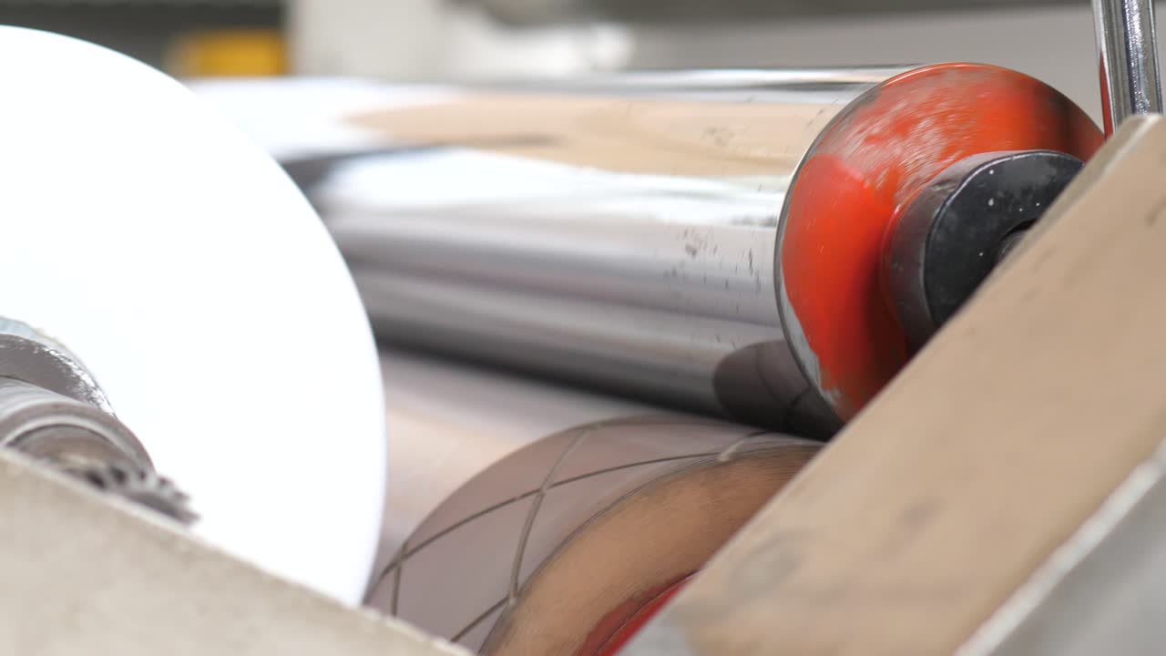 식품 공장의 자동 포장기에서 플라스틱 포장 필름 롤