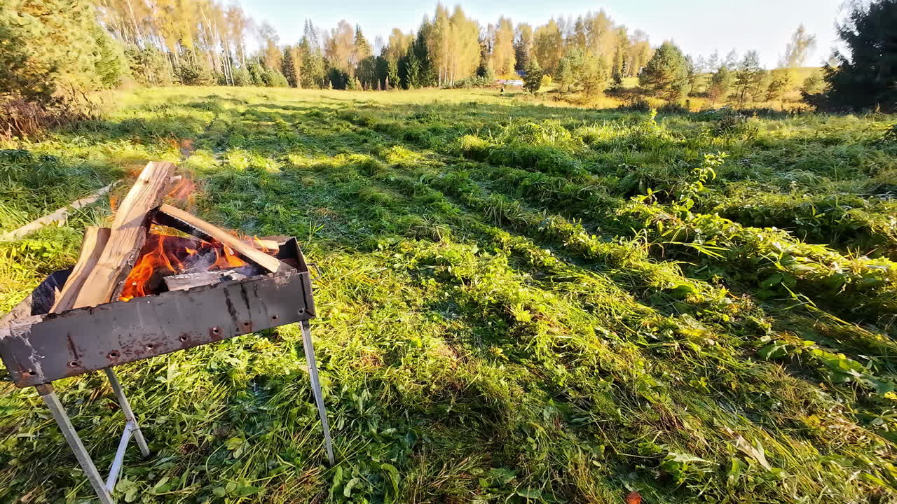 Firewood burning in BBQ with vibrant green nature in background, motion view