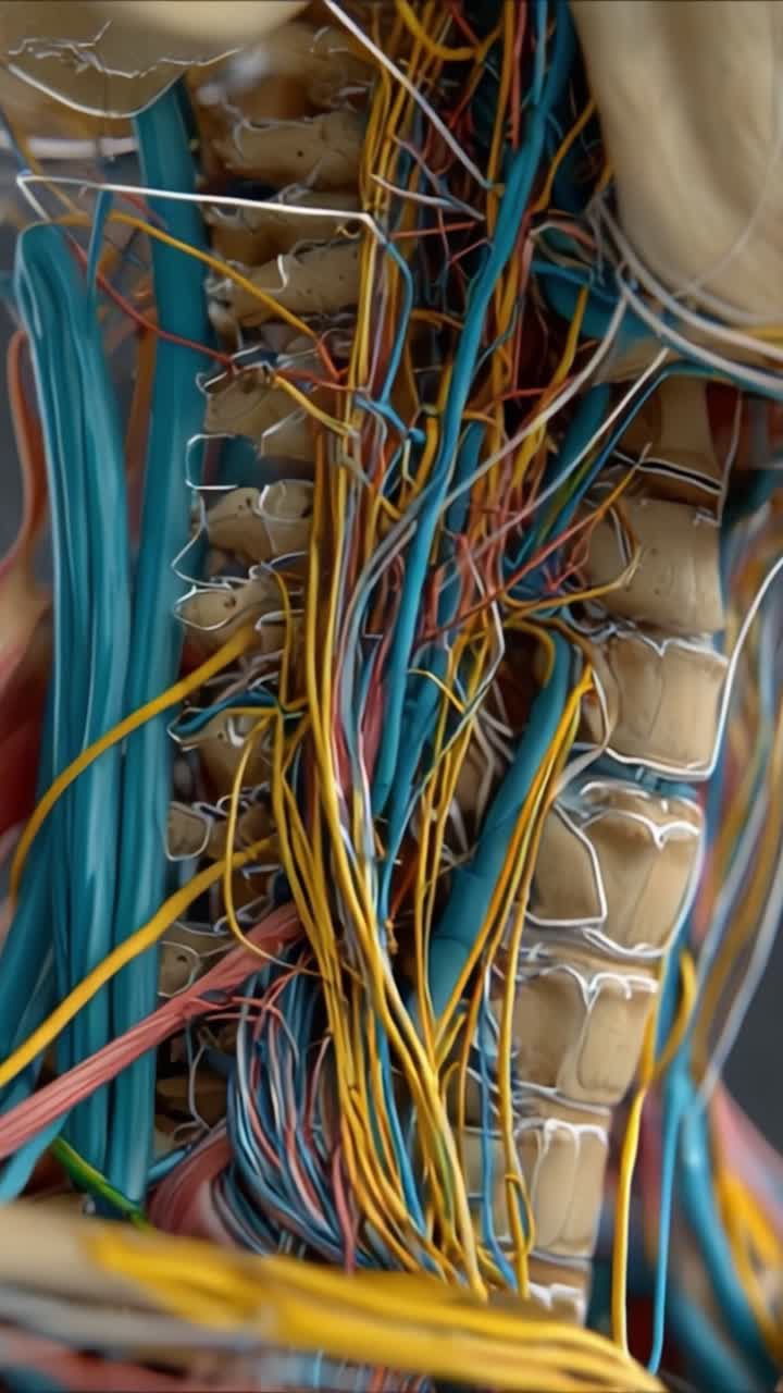 Detailed Visualization of the Human Spinal Cord and Nerve Pathways, Highlighting the Complex Network of Nerves Embedded Within the Spine