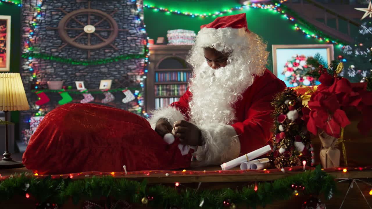 Santa packing gifts in his workshop
