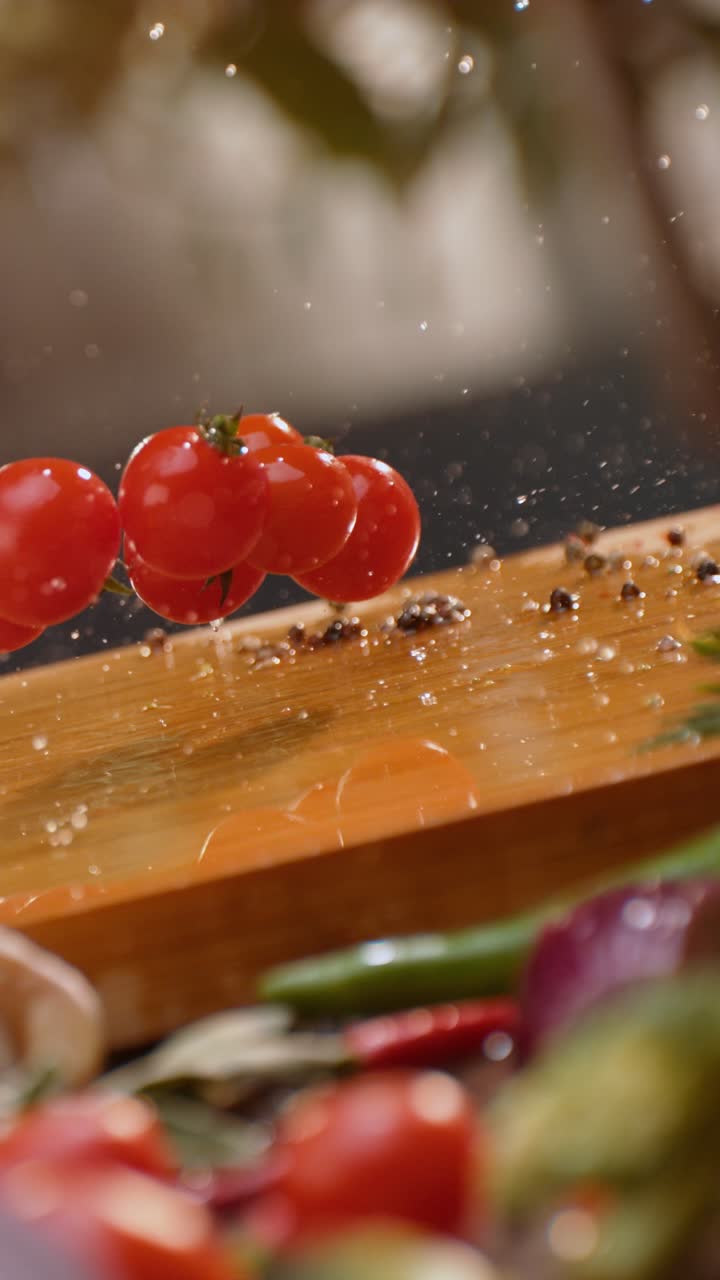 도마에 신선한 야채와 토마토