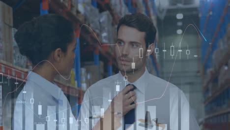 animación de estadísticas y procesamiento de datos financieros sobre hombres y mujeres que trabajan en almacenes