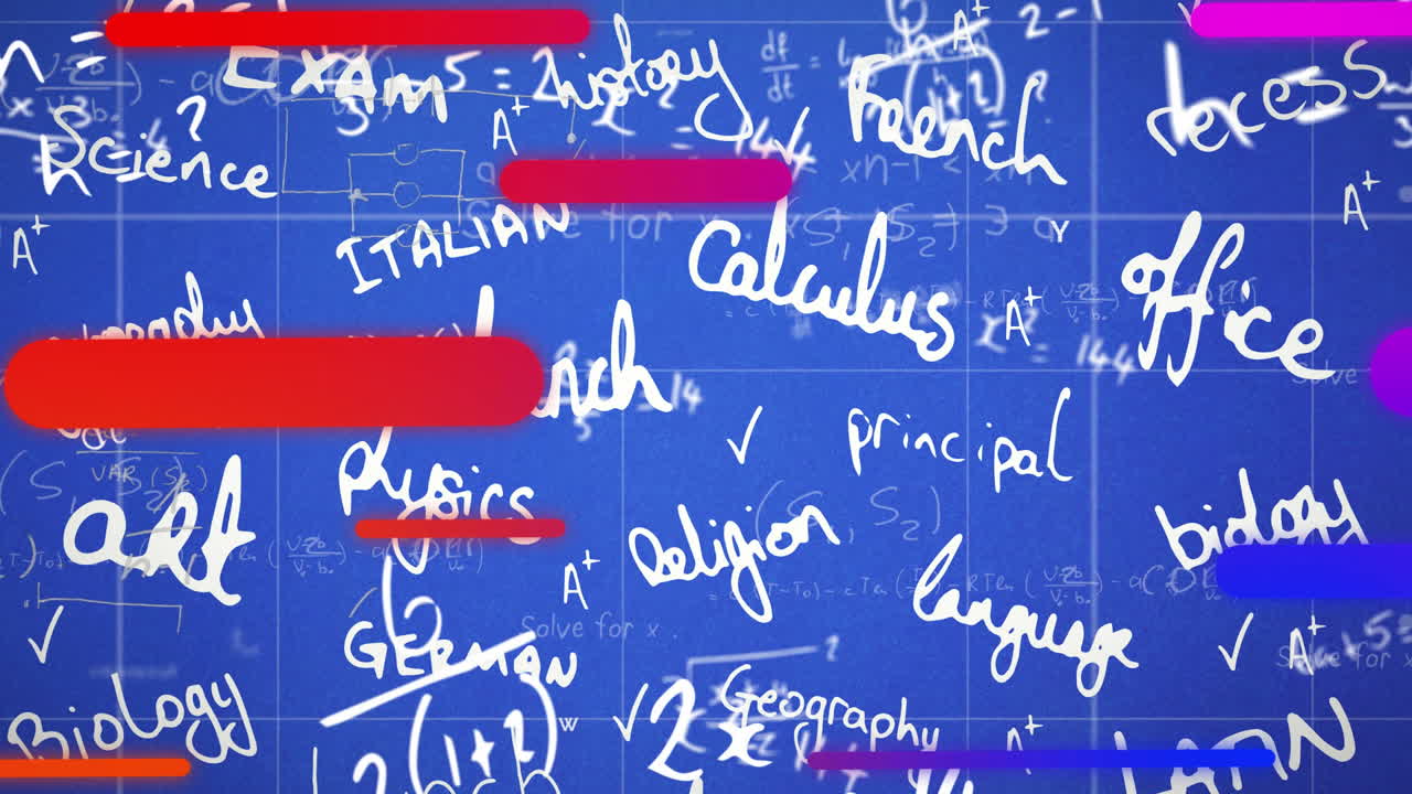 School subjects and grades handwritten with colorful highlights on blue background