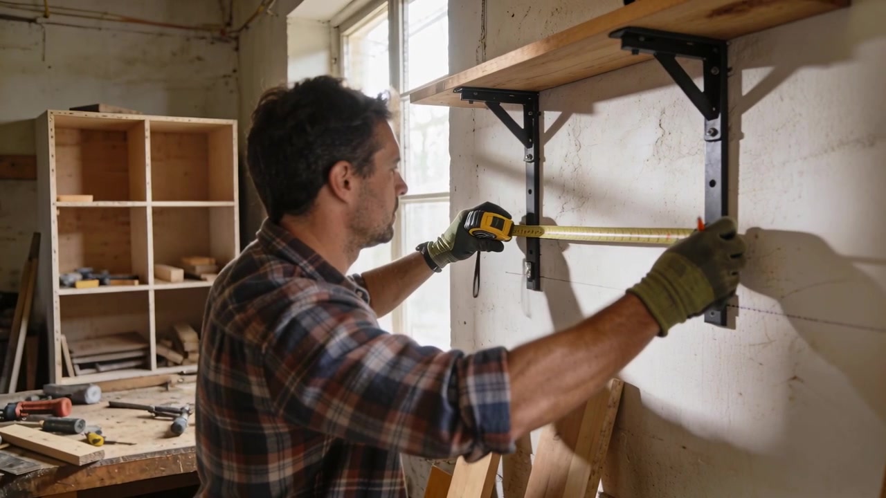 Placing tape at right bracket, man wearing flannel, work gloves measuring shelf spacing at workshop