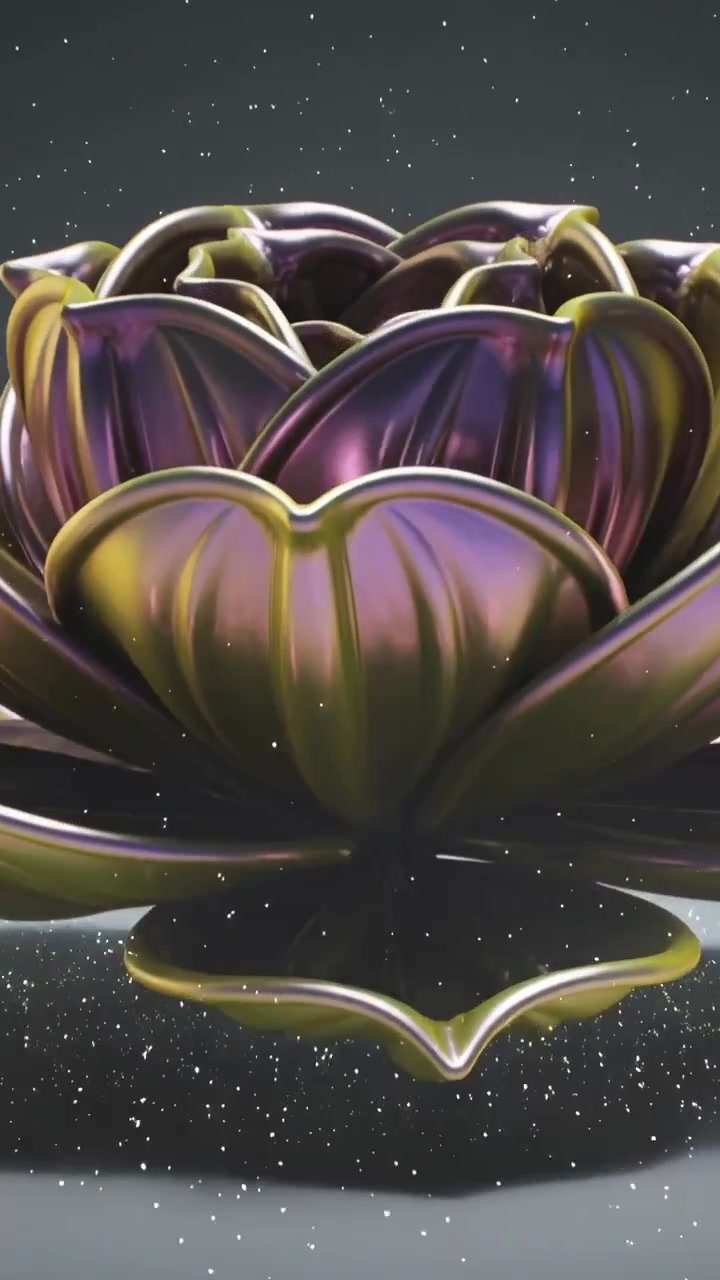 Vertical video: Emitting particle sphere spraying glitter, forming metal lotus on glossy surface