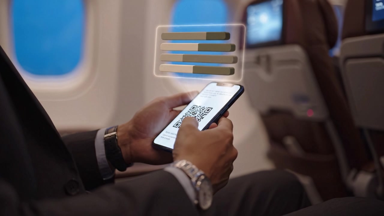 Passenger using smartphone to scan QR code while seated on an airplane, capturing modern travel experiences and digital boarding passes for convenience.