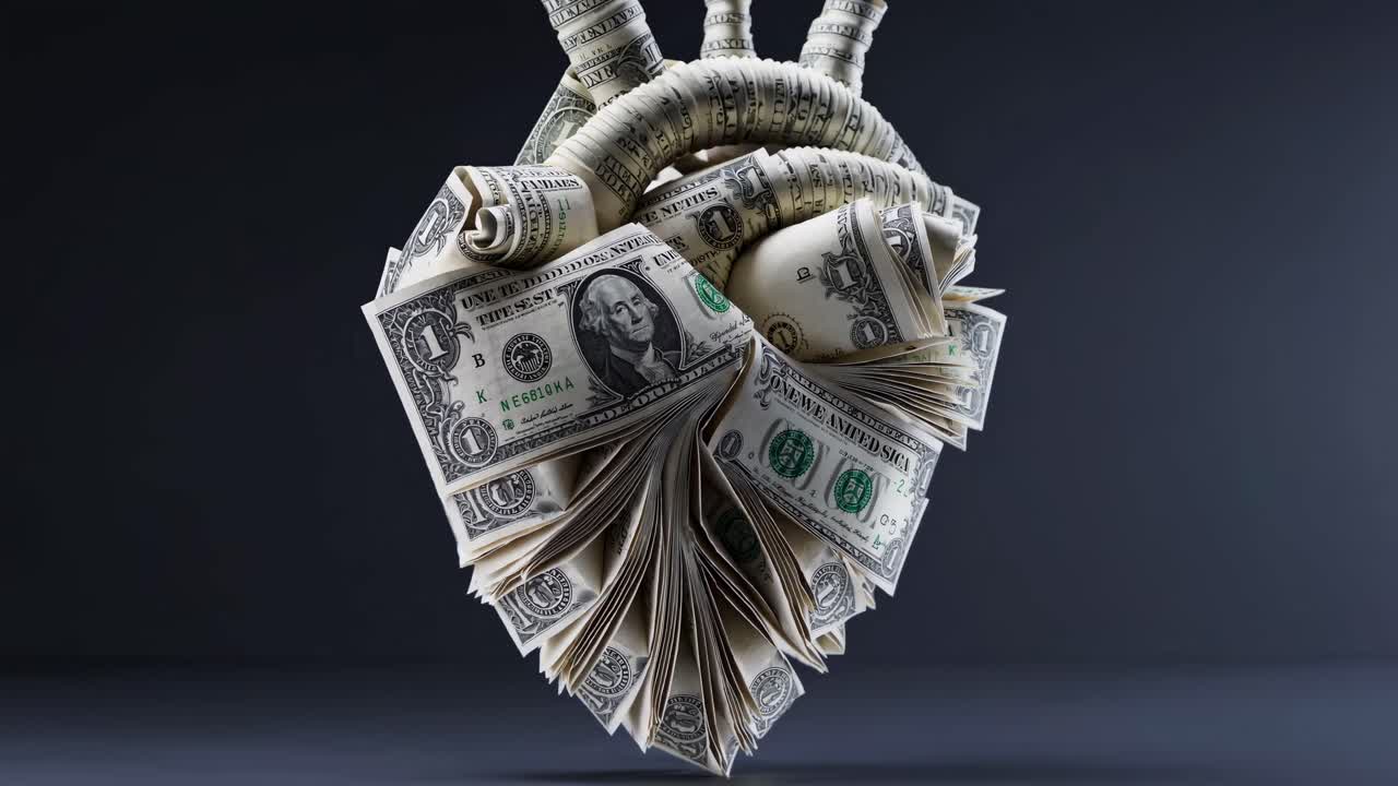 Un concetto video creativo che mostra un cuore fatto di banconote da un dollaro