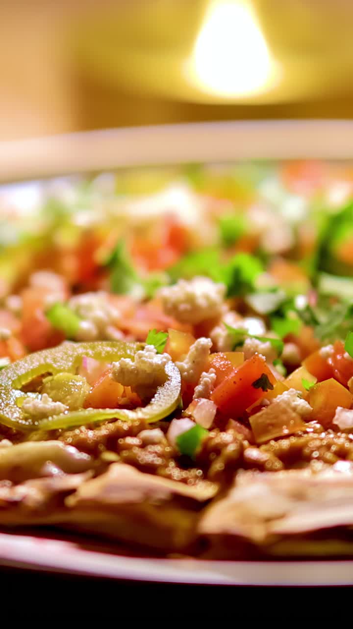 Pizza in stile messicano ruota su un piatto, con condimenti vivaci, messa a fuoco ridotta, illuminazione calda e ambientale da ristorante.
