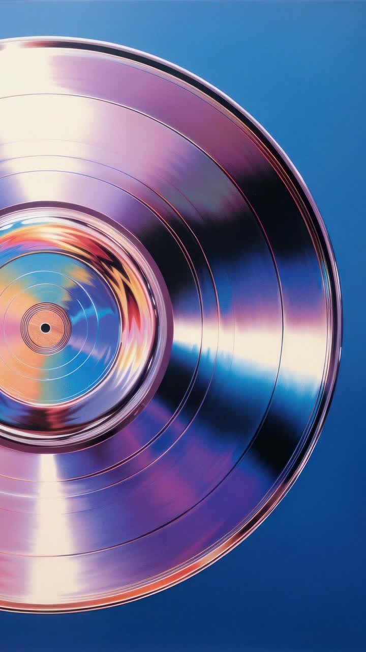 A close-up, top-down angle of a vinyl record reflecting vibrant blue and purple hues