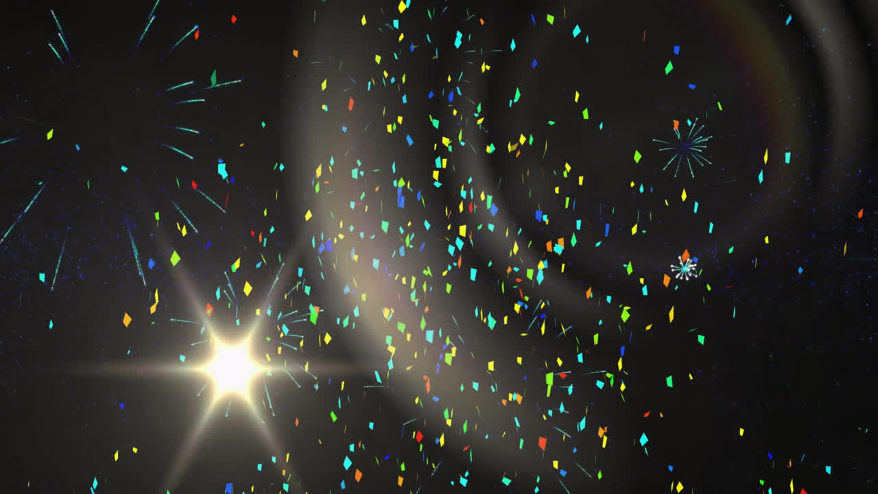 Colorful confetti and fireworks animation over dark background
