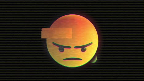 Digital animation of tv static effect over angry face emoji against black background