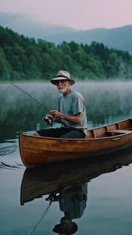 elderly man fishing on a misty lake in a wooden boat
