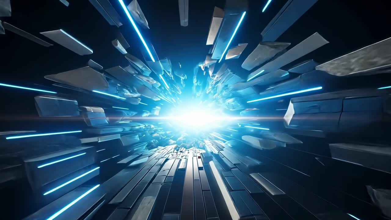 Dynamic video concept with a futuristic style, featuring a central burst of light and shards