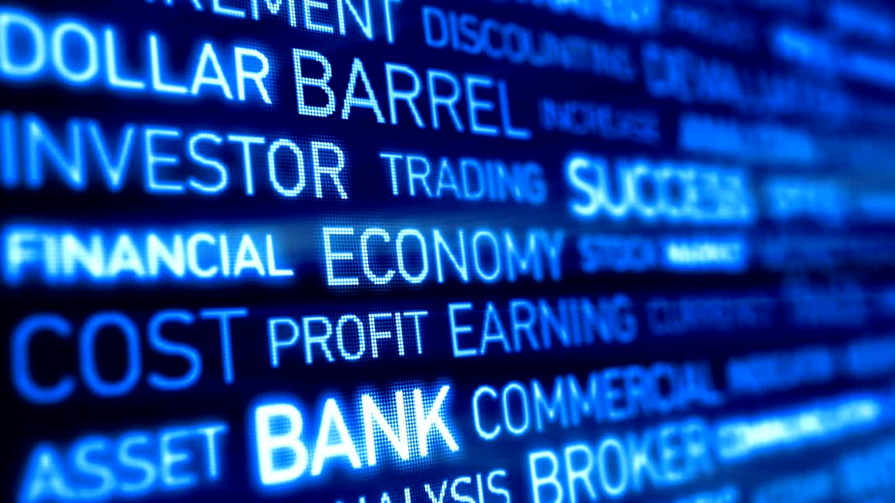 3d Animation of Business Words Moving on the Data Screen with DOF Blur. Blue Color Glowing Business Concept.