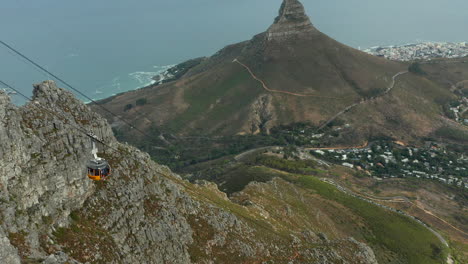 view of cable car descending on table mountain in cape town, south africa