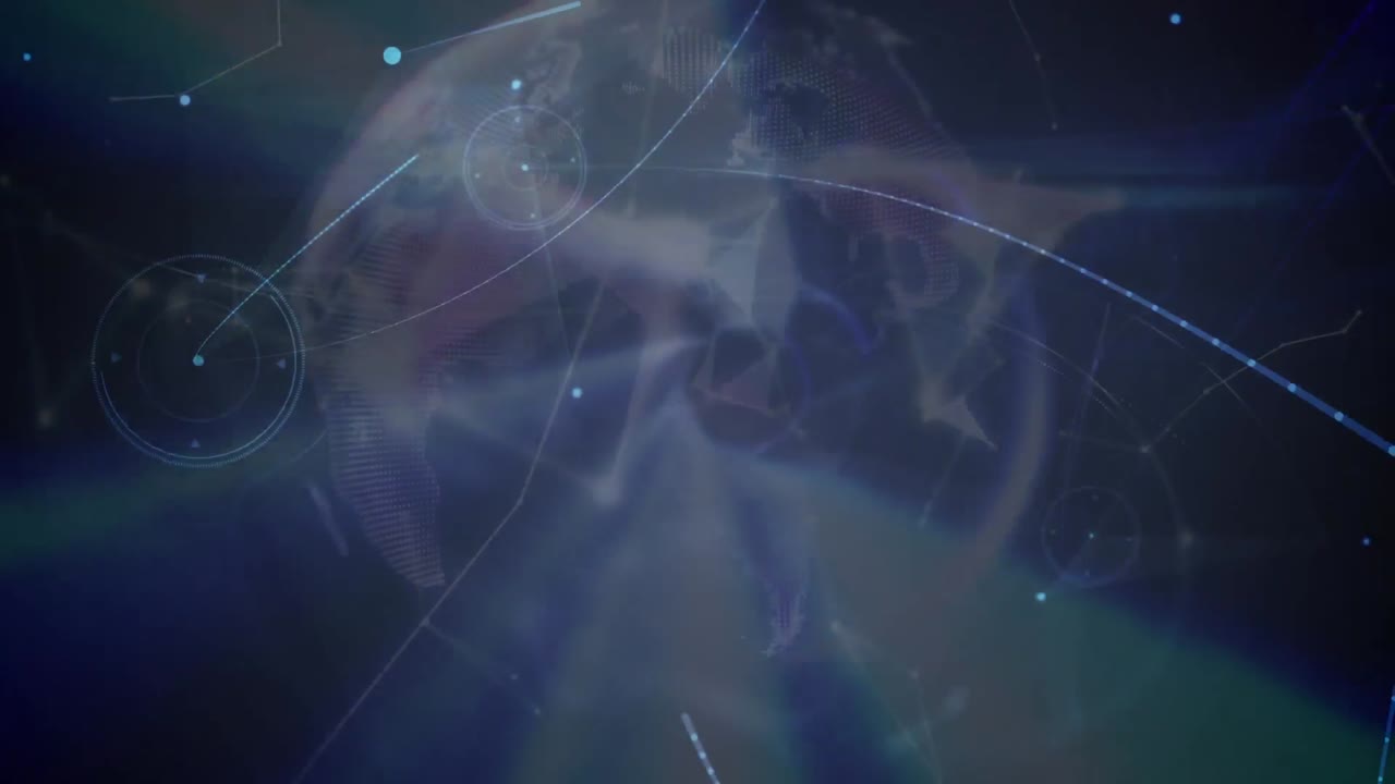 Animation of globe with network of connections with statistics over purple background