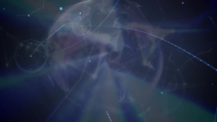 Animation of globe with network of connections with statistics over purple background