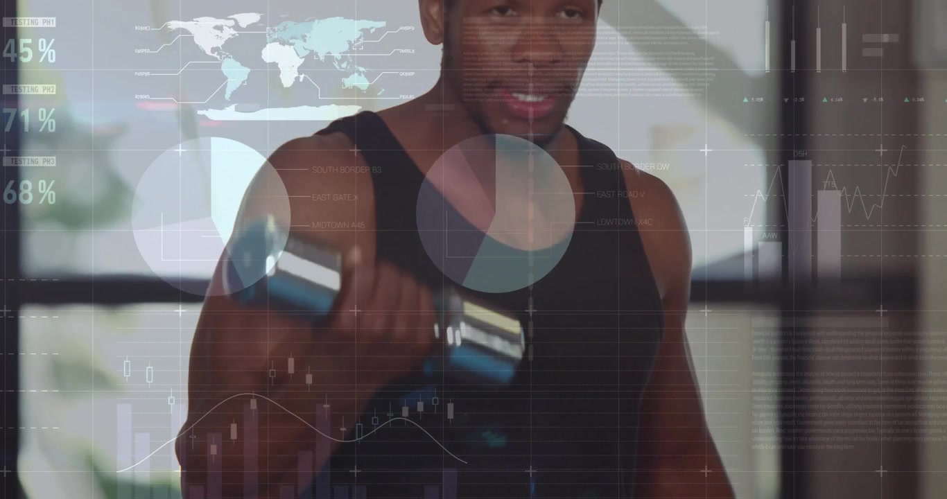 Partnere skiftes til at lave dumbbell curls, aktiverer animeret analyseoverlejring, der sporer målinger i fitnesscenter