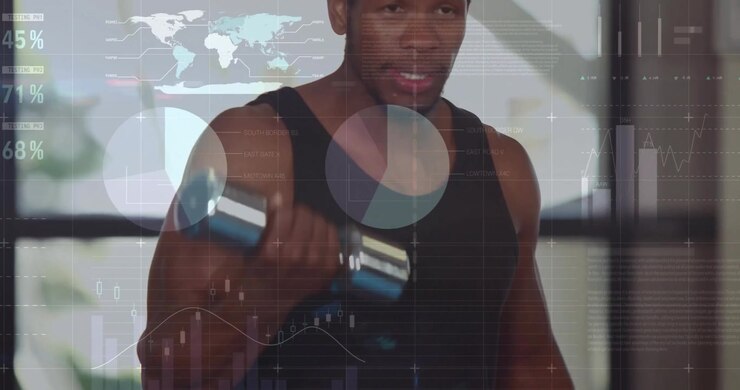 Partnere skiftes til at lave dumbbell curls, aktiverer animeret analyseoverlejring, der sporer målinger i fitnesscenter