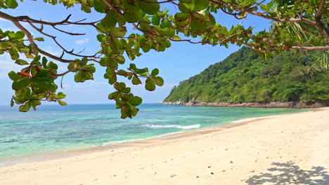 Escena-Pacífica-De-Una-Playa-Tropical-Con-Agua-Azul-Tranquila-Durante-Un-Día-Soleado-En-Una-Isla-Exótica