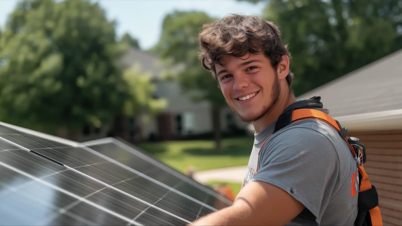 Enthusiastic young man, equipped with safety gear, is engaged in solar panel installation on a rooftop, highlighting the importance of renewable energy and eco-friendly practices