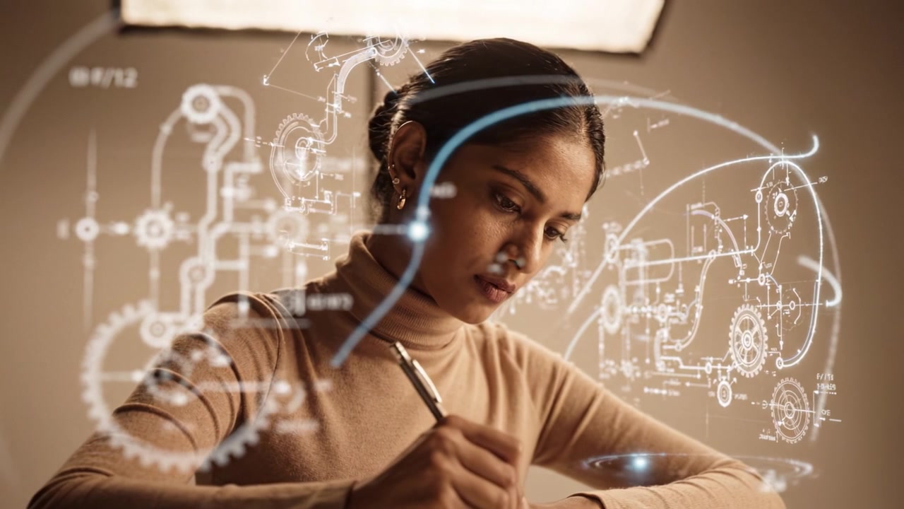 A Woman Innovatively Sketching Engineering Designs and Concepts with a Pen in a Creative Workspace Environment Enhancing Her Ideas and Inspiration