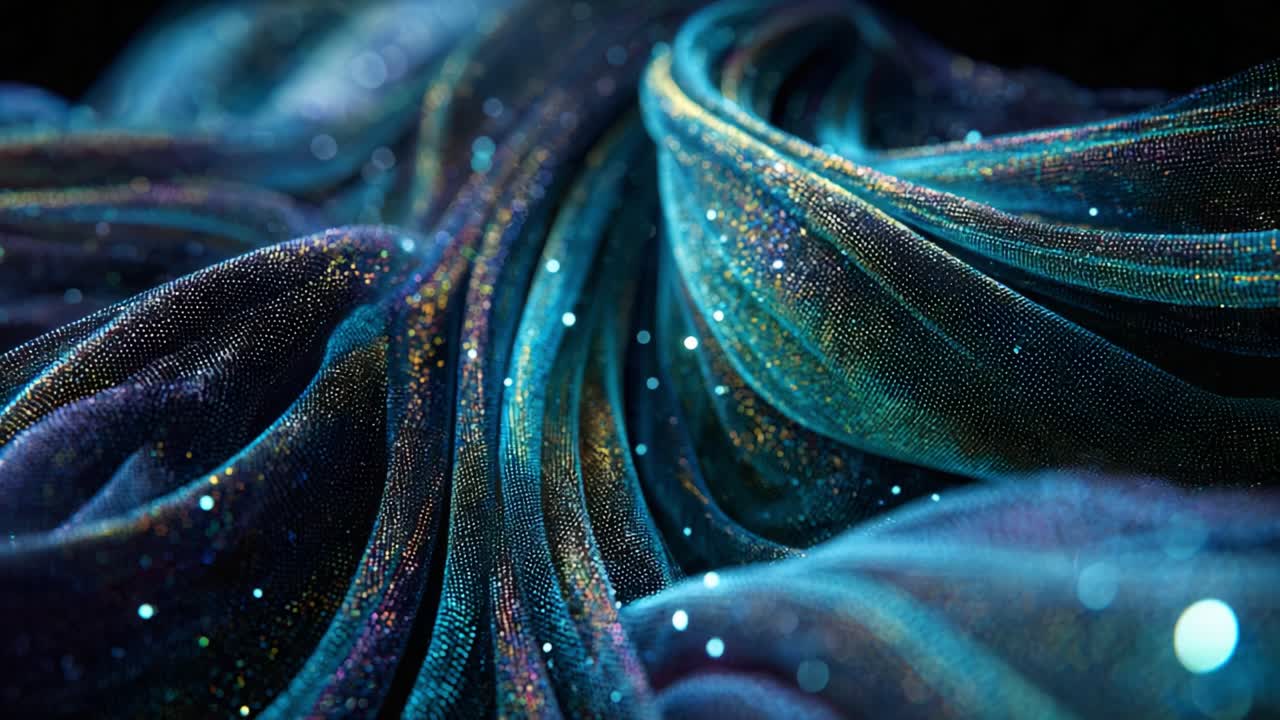 Captivating Shimmering Fabric Close-up: Explore the mesmerizing waves of iridescent material adorned with sparkling particles, creating an enchanting interplay of light and texture