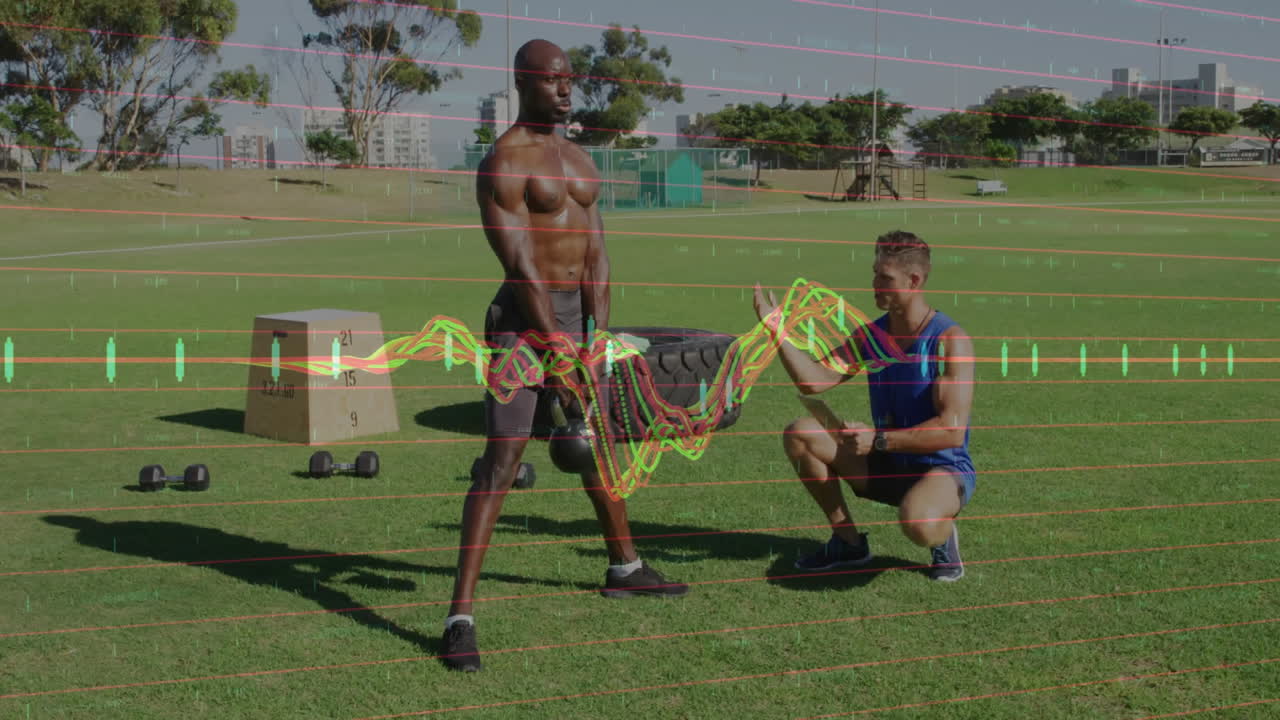Lifting kettlebell outdoors, man tracking fitness data with animation overlay
