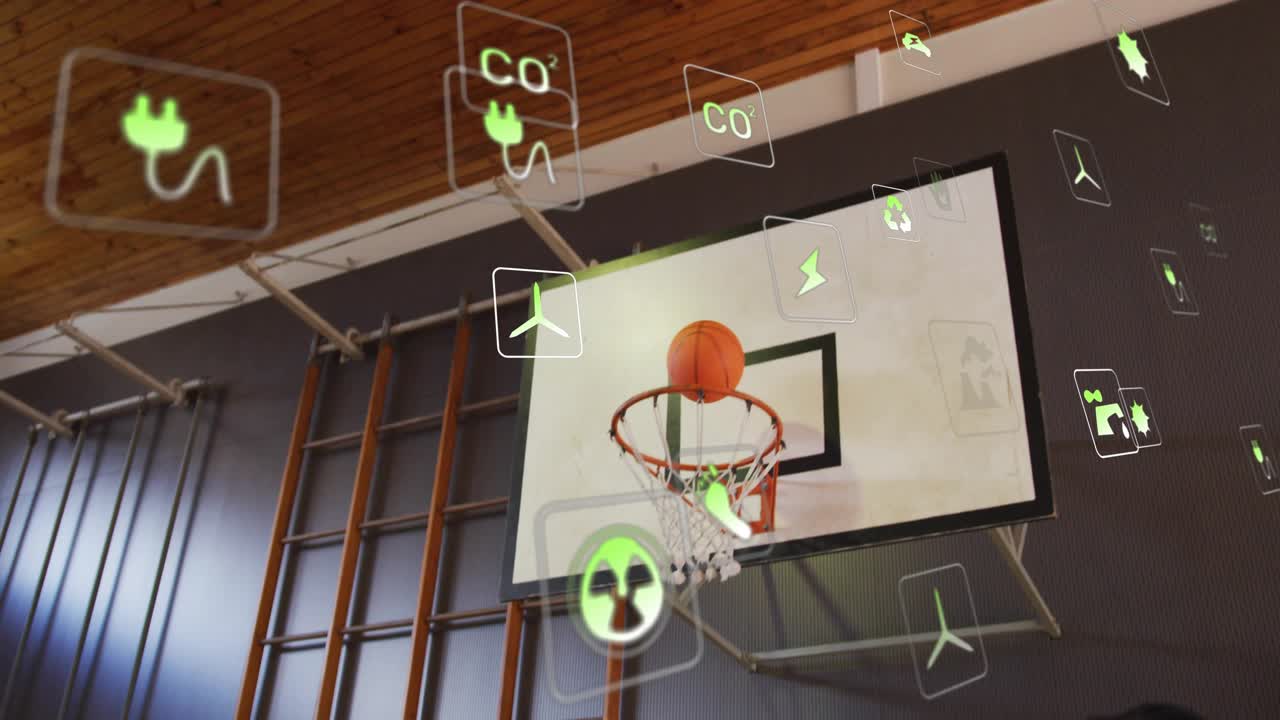 Player #3 receiving pass, dribbling toward hoop to score in school gym with eco icons circling