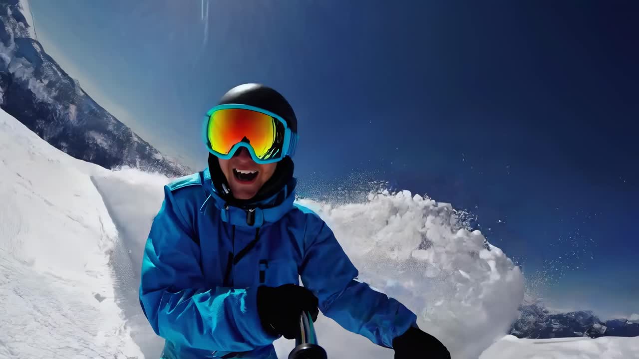 Action-packed video scene of a snowboarder in a blue jacket, captured from a low-angle