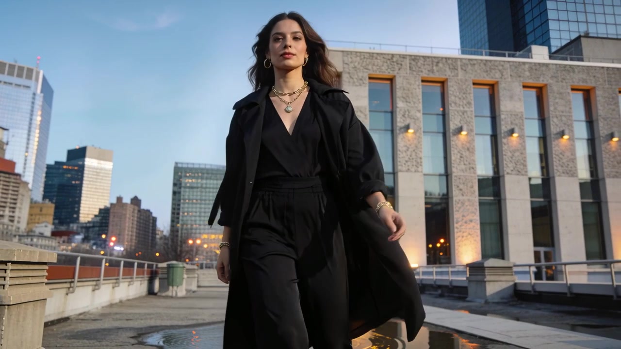 Modella che cammina stringendo un lungo cappotto nero, si muove verso la telecamera su un tetto basso con una pozzanghera per un servizio fotografico di moda.
