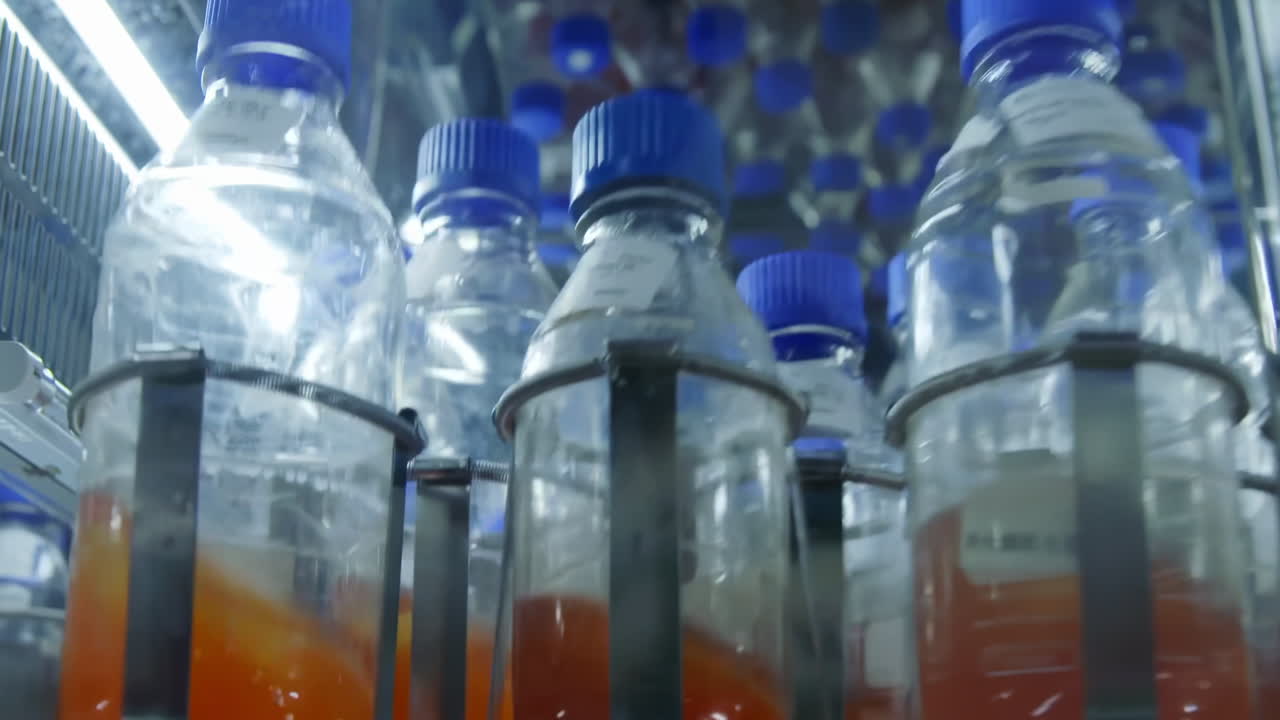 Automation machine laboratory beaker in test, chemical reaction. Lab worker checks chemical plant products. Skilled lab worker shakes glass bottle with tested transparent liquid inside