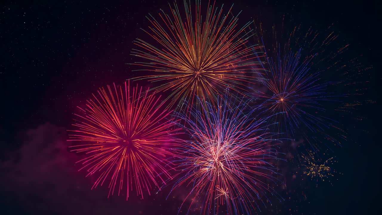Firing firework shells ascending from tubes under starry sky, bursting into red and green rings
