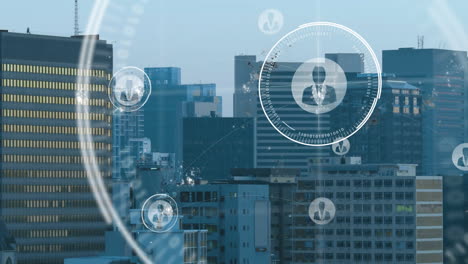 digital network connections animating over cityscape with modern skyscrapers in view