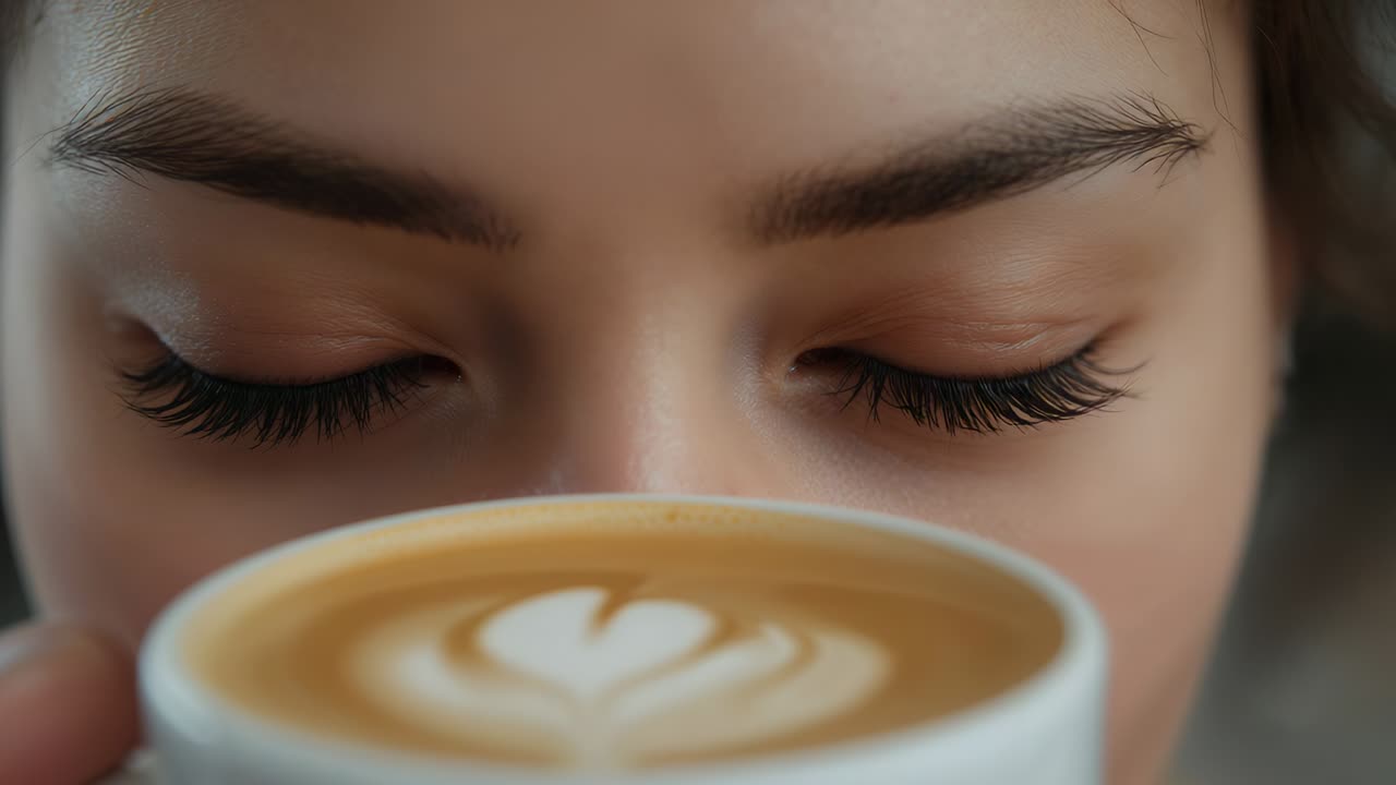 Holding cup, woman inhaling aroma, opening eyes and meeting camera gaze at cafe, heart latte art