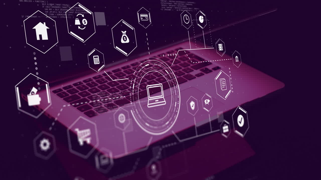 Animation of connections with business icons and data processing over laptop